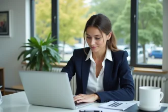 Femme professionnelle utilisant une calculatrice de notaire
