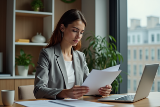 Femme professionnelle en bureau avec dossier de documents immobiliers
