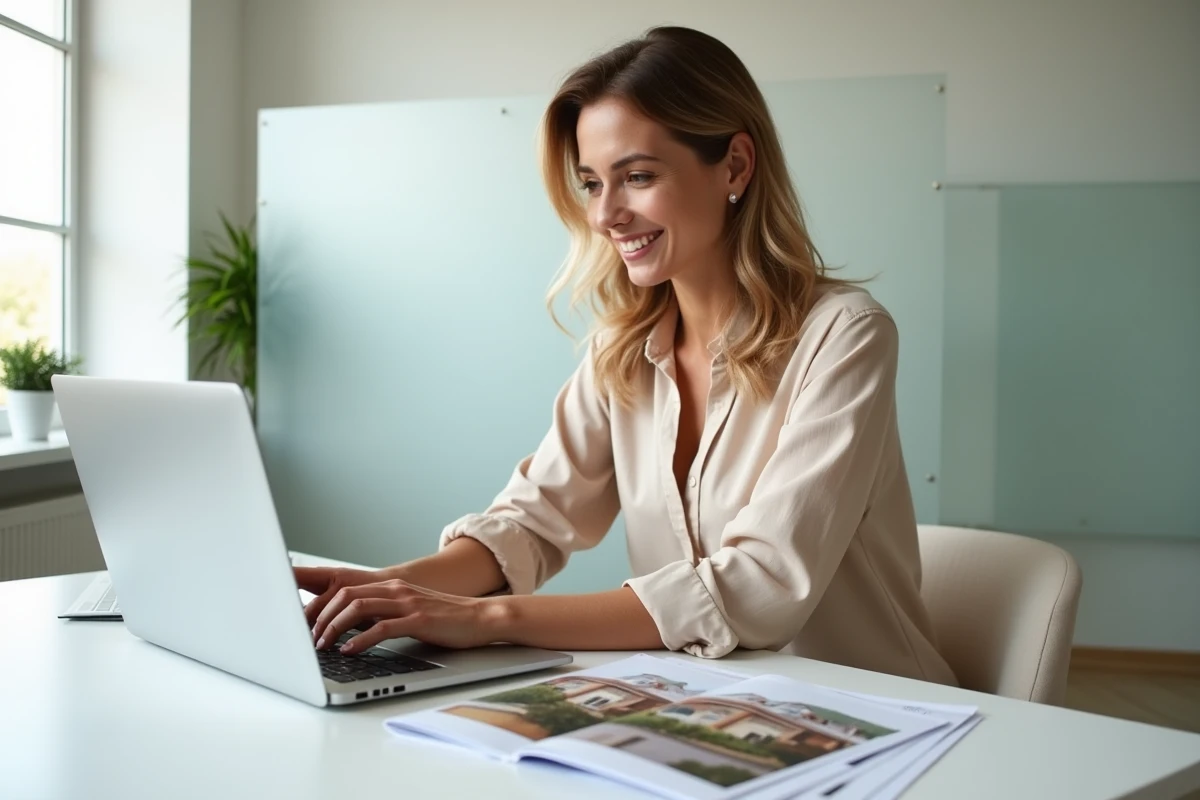 Femme consultant un projet immobilier en ligne dans une agence moderne