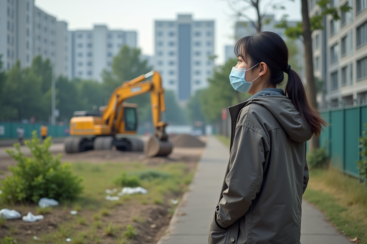 Jeune femme en masque dans un parc urbain en construction
