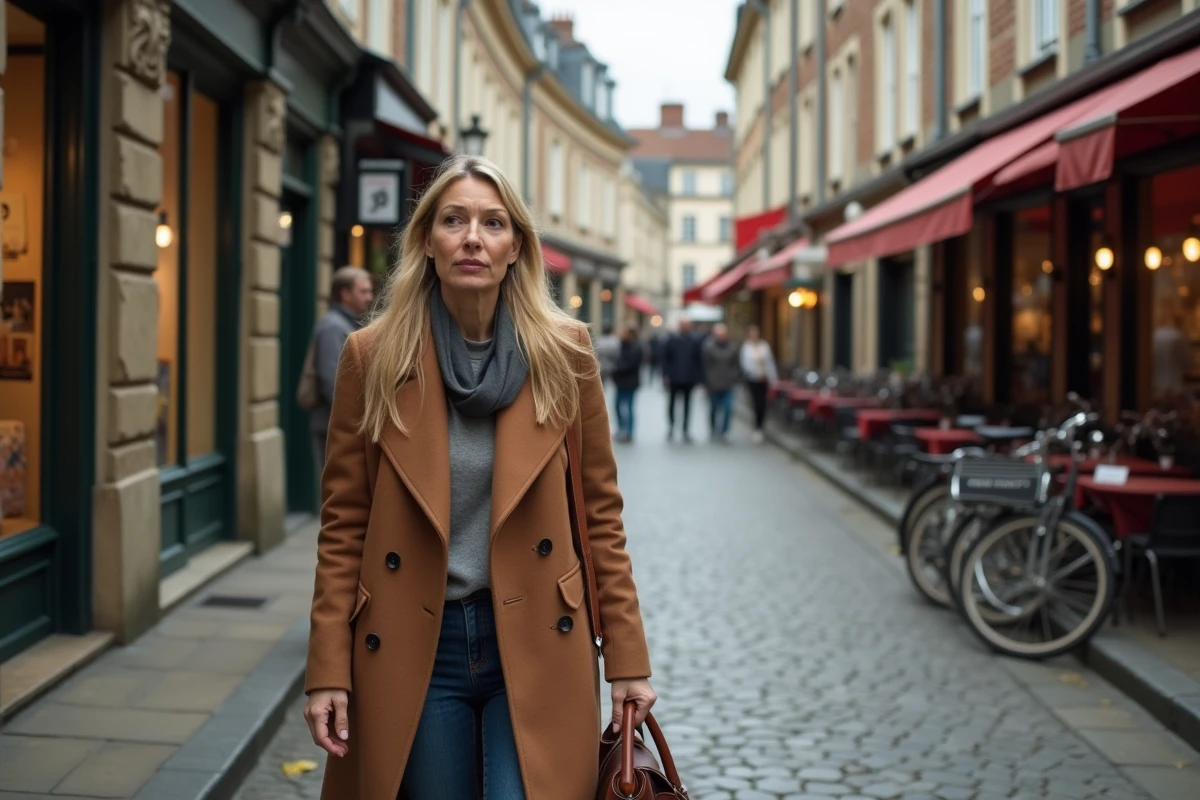 Femme se promenant dans un quartier commerçant animé du centre-ville du Mans