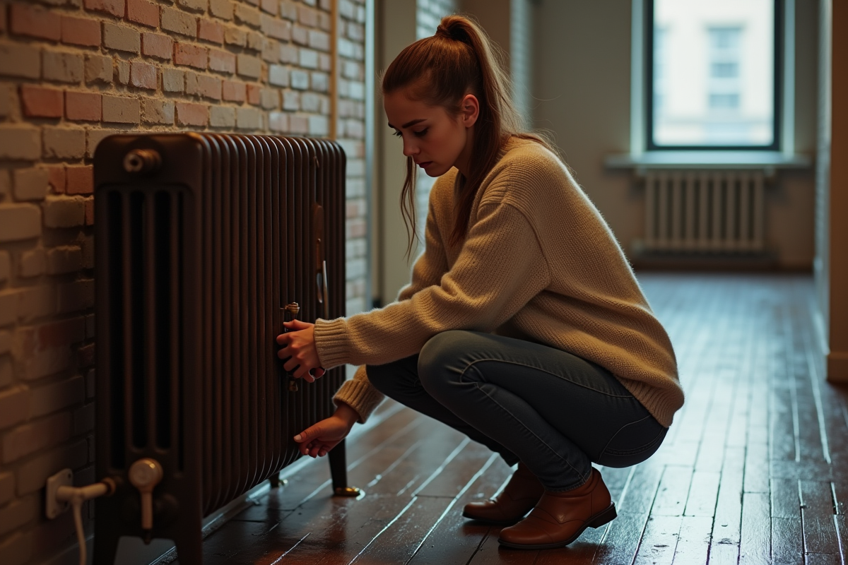 Jeune femme répare un radiateur dans un couloir urbain