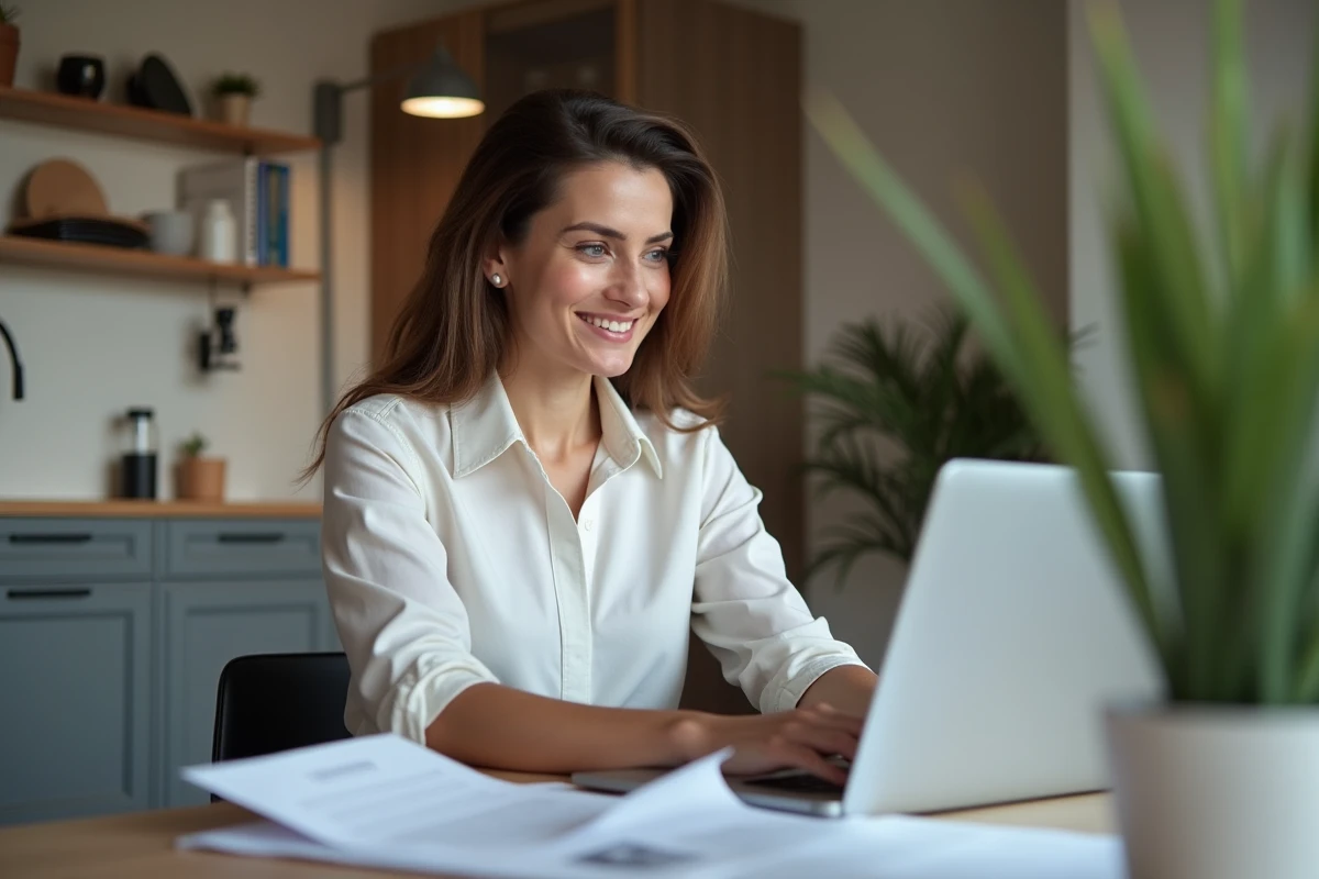 Femme concentrée examinant un rapport immobilier à la maison