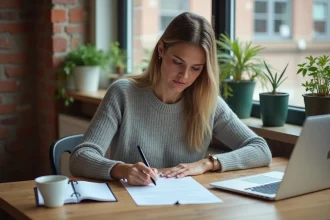 Femme rédigeant une lettre de préavis d'appartement à la main sur une table en bois avec un ordinateur portable et une checklist