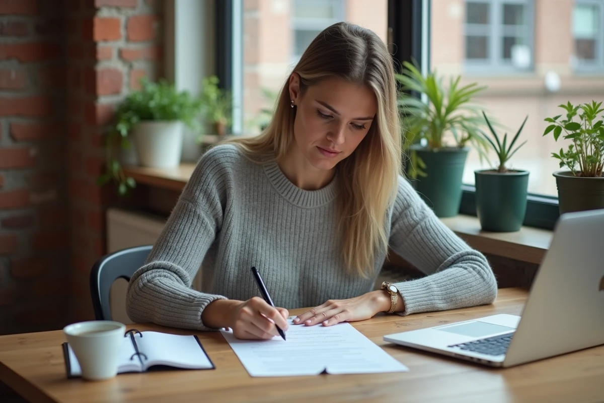 Femme rédigeant une lettre de préavis d'appartement à la main sur une table en bois avec un ordinateur portable et une checklist