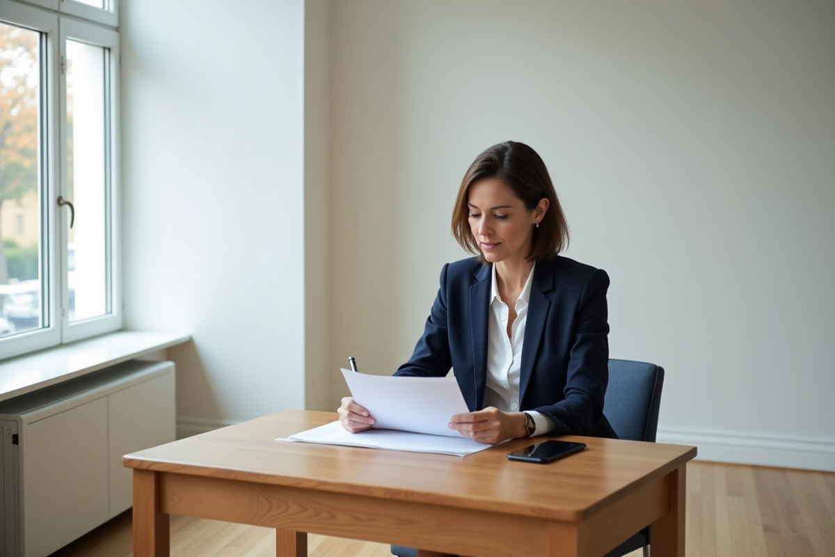 Femme en blazer blanc remplissant un papier dans un salon lumineux