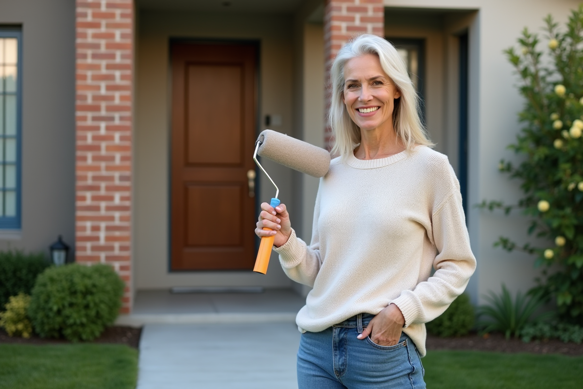 Femme souriante avec rouleau de peinture devant maison renovée
