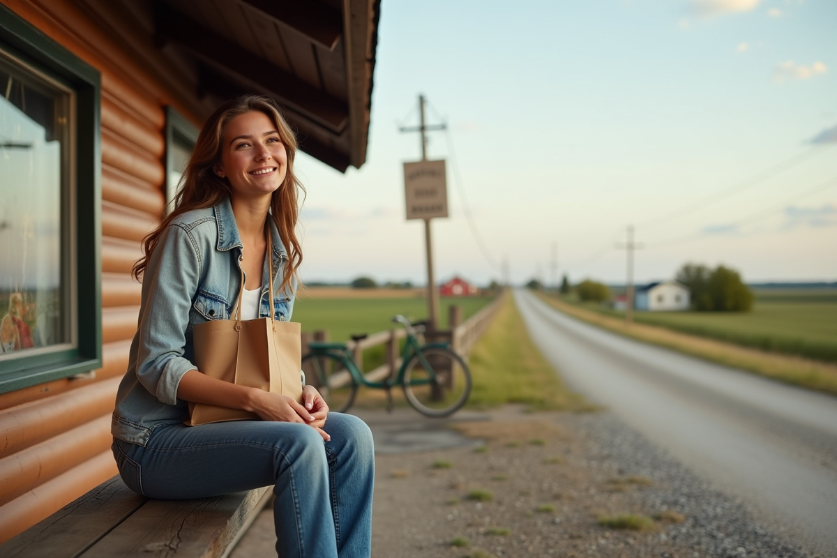 Jeune femme souriante assise sur un banc rural avec courses