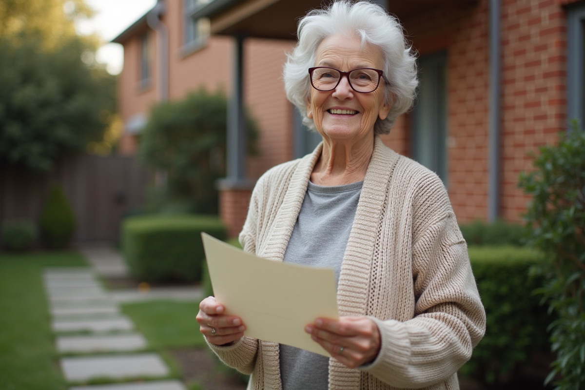 Femme senior souriante tenant une lettre devant sa maison