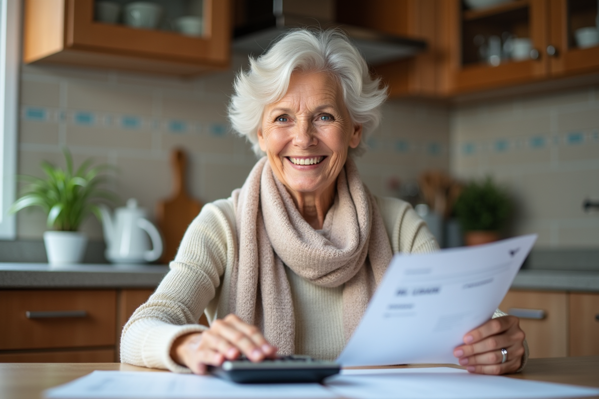 Femme senior souriante examinant des papiers dans une cuisine lumineuse