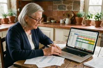 Femme senior consultant un simulateur viager sur Excel à la table de sa cuisine en France