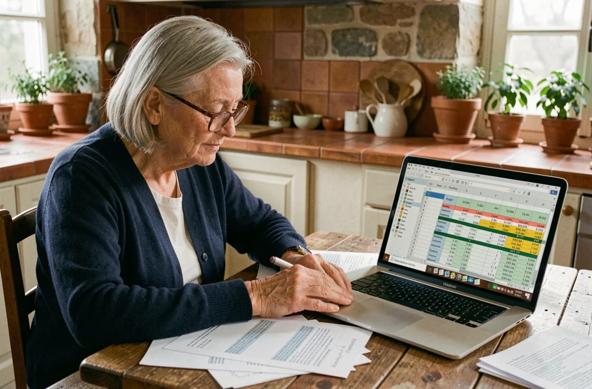 Femme senior consultant un simulateur viager sur Excel à la table de sa cuisine en France