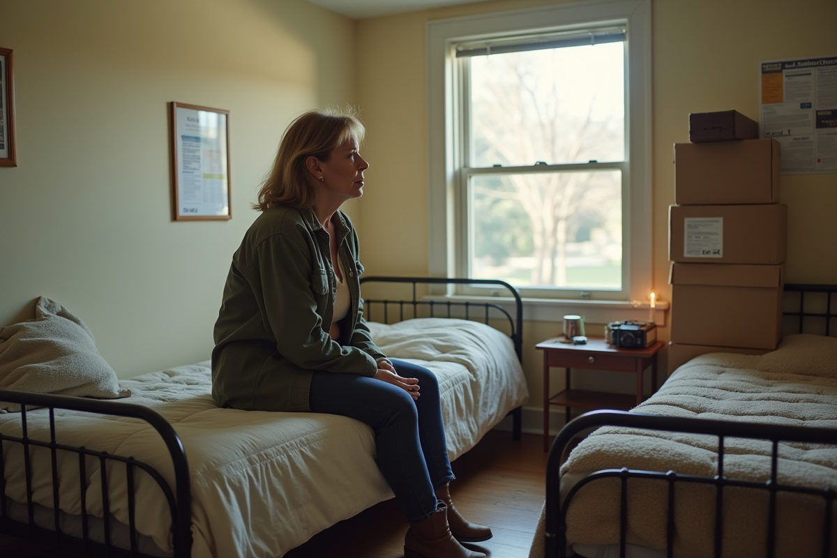 Femme d'âge moyen dans un refuge regardant par la fenêtre