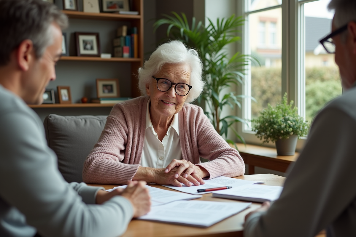 Femme âgée souriante avec son fils dans un salon chaleureux