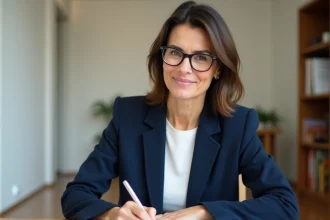 Femme signant une lettre de préavis de logement à son bureau dans un appartement moderne