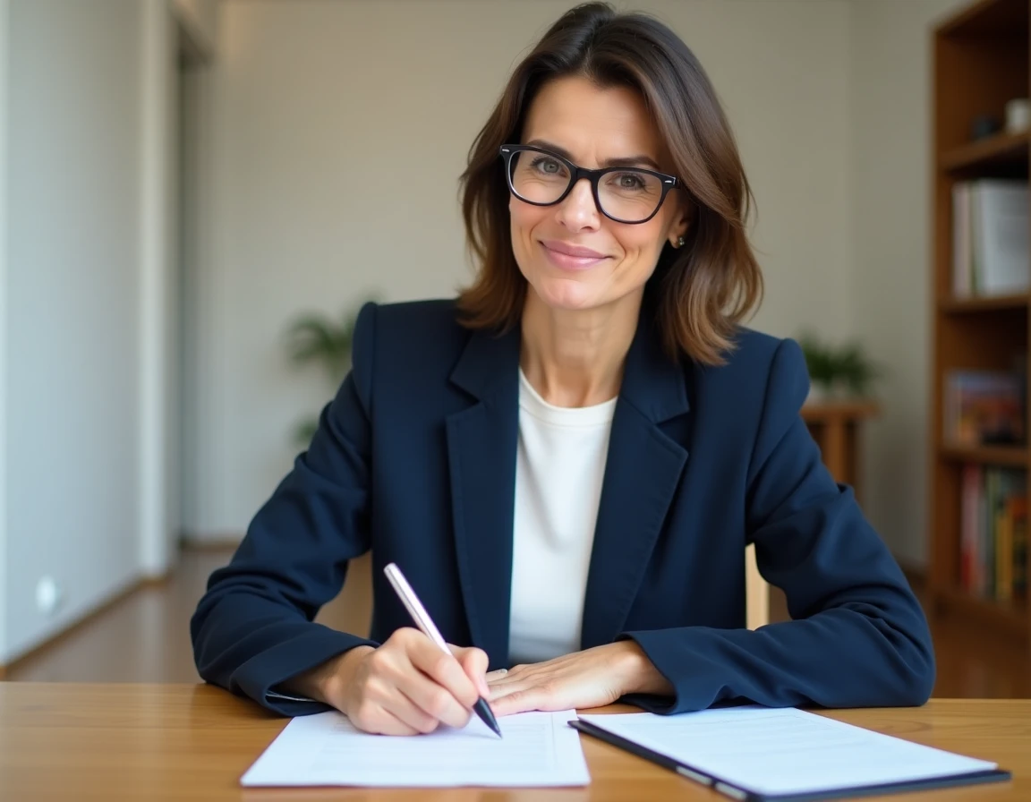 Femme signant une lettre de préavis de logement à son bureau dans un appartement moderne