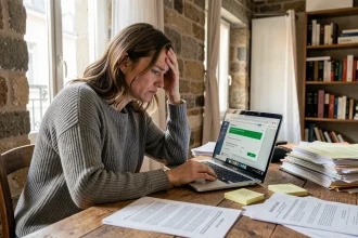 Femme stressée devant son ordinateur avec un formulaire LOC'annonces Paris affichant des erreurs de dossier