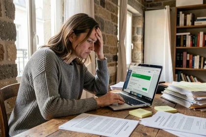 Femme stressée devant son ordinateur avec un formulaire LOC'annonces Paris affichant des erreurs de dossier