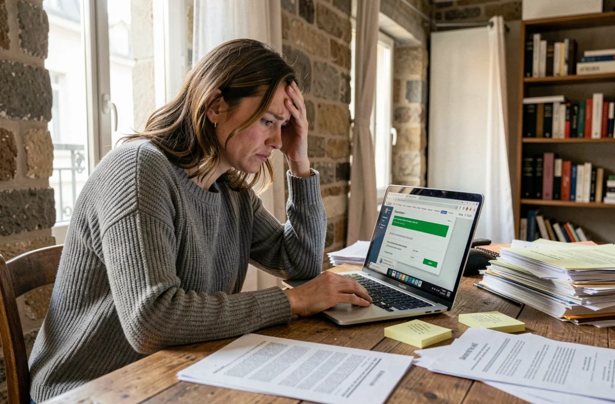 Femme stressée devant son ordinateur avec un formulaire LOC'annonces Paris affichant des erreurs de dossier