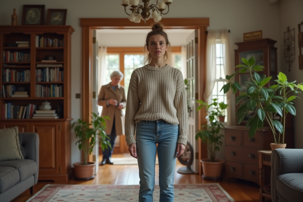 Jeune femme surprise dans un salon cosy avec une femme âgée