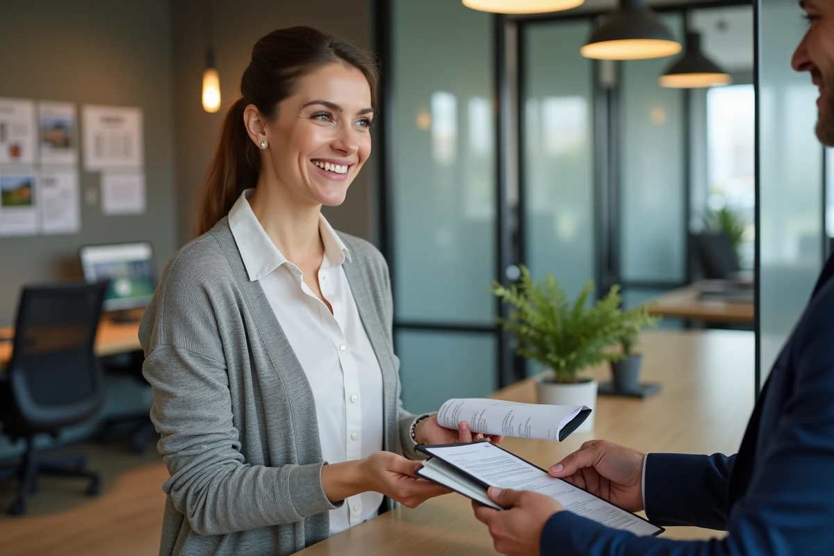 Femme remettant des documents à un agent immobilier en bureau