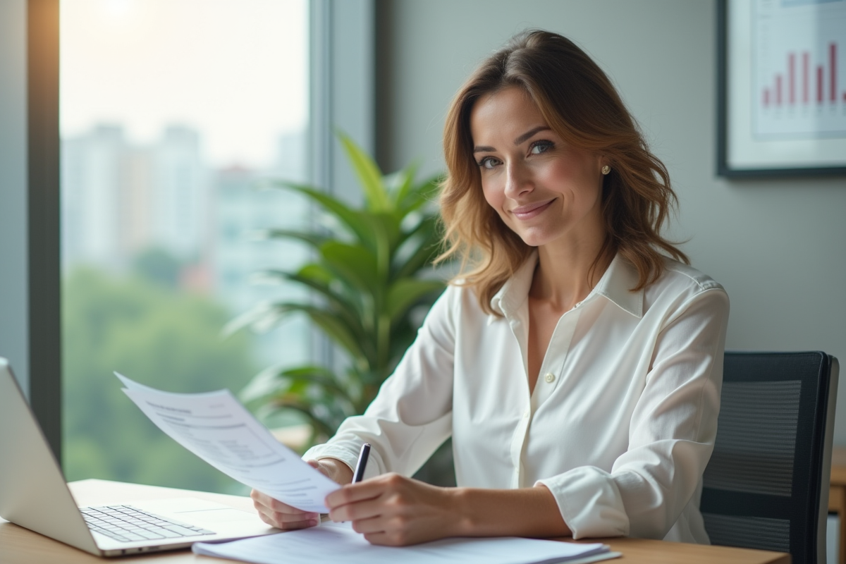 Femme professionnelle analysant un document dans un bureau lumineux