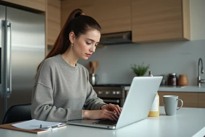 Jeune femme professionnelle remplissant un formulaire en ligne à la maison