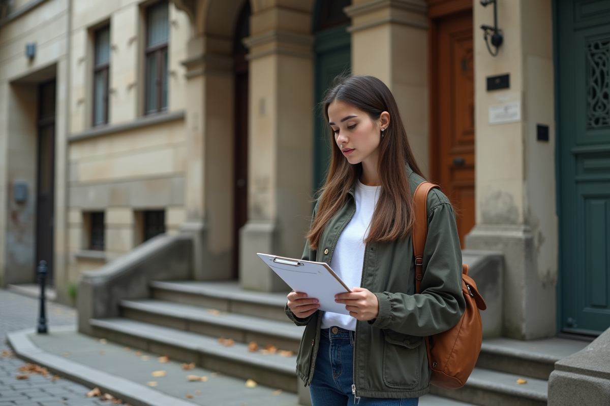 Jeune femme vérifiant des documents devant un bâtiment abandonné