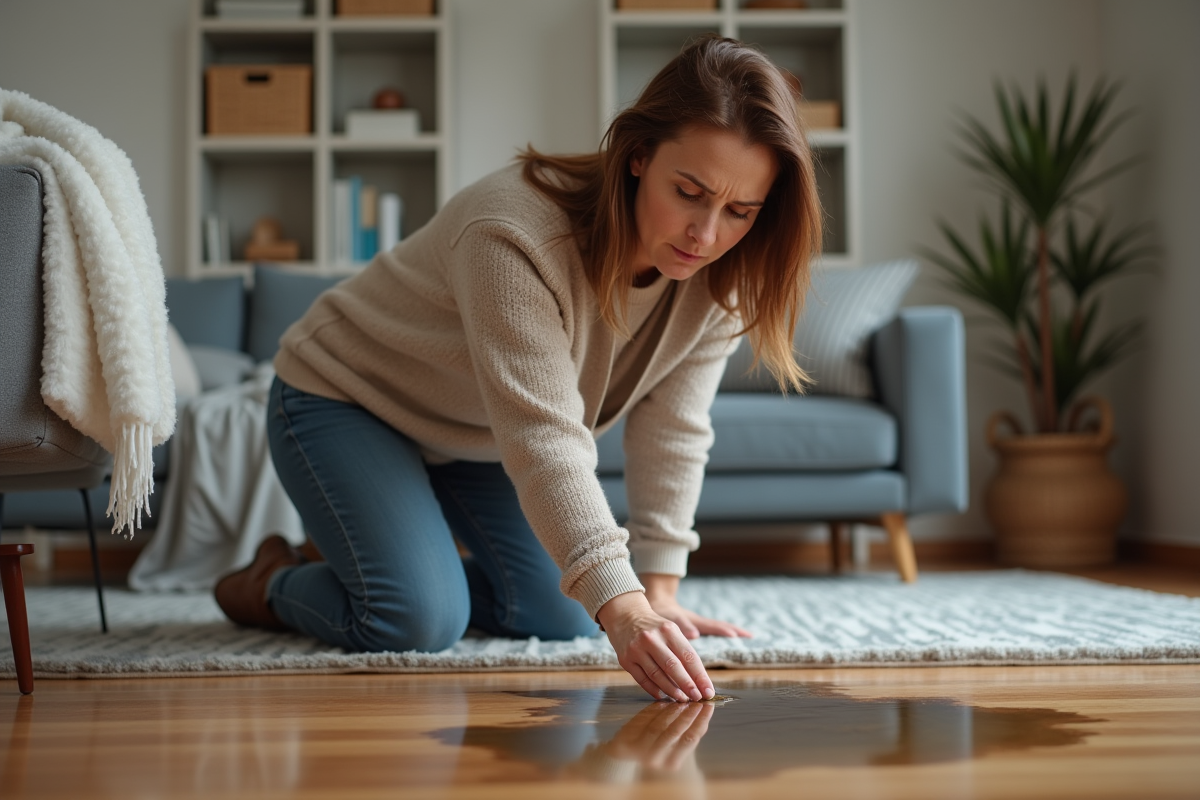 Femme préoccupée face à une fuite d'eau dans le salon