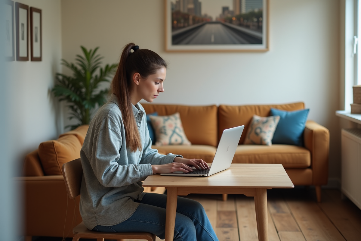 Jeune femme vendant un canapé en ligne depuis son appartement