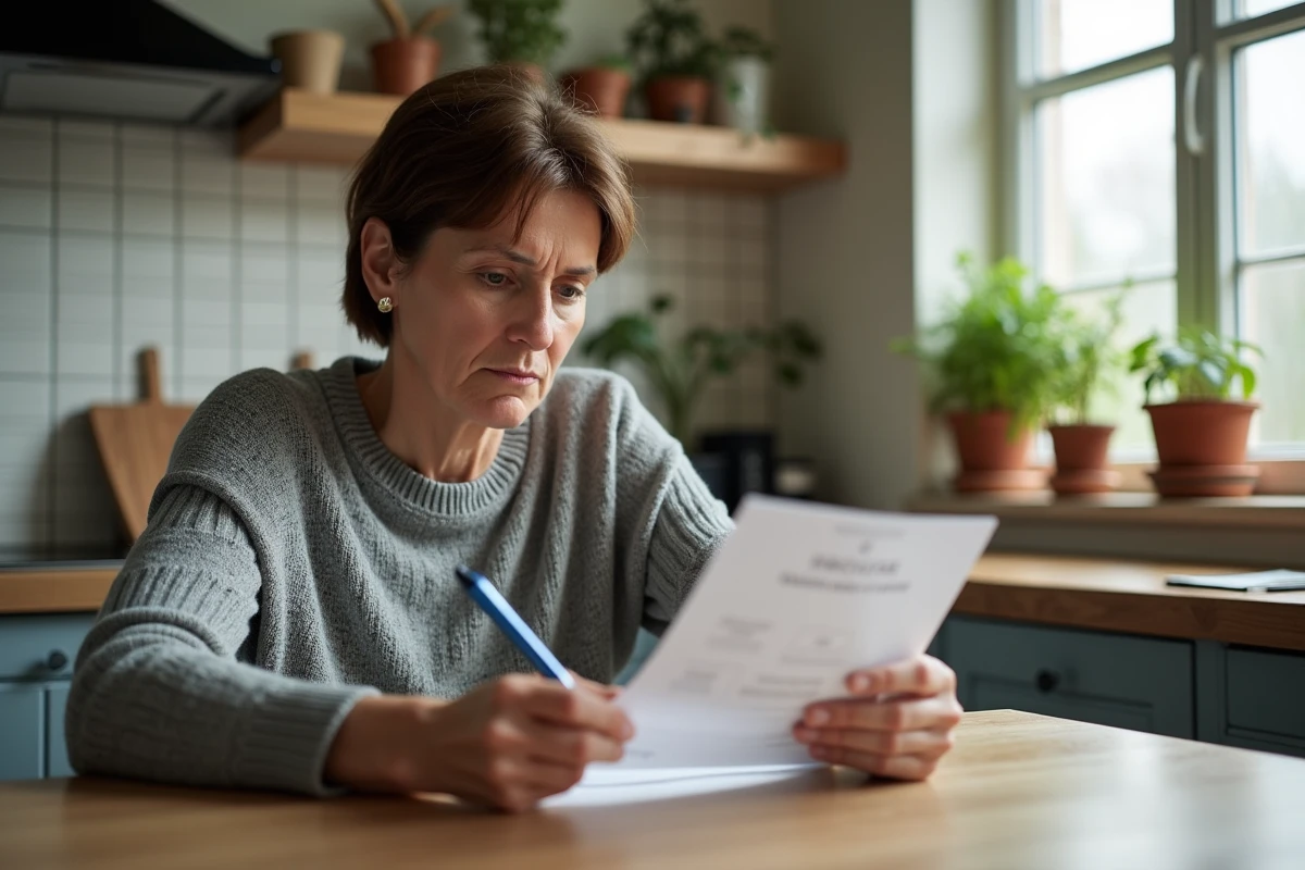 Femme scrutant un document suspect lié à une annonce de don gratuit pour éviter les arnaques