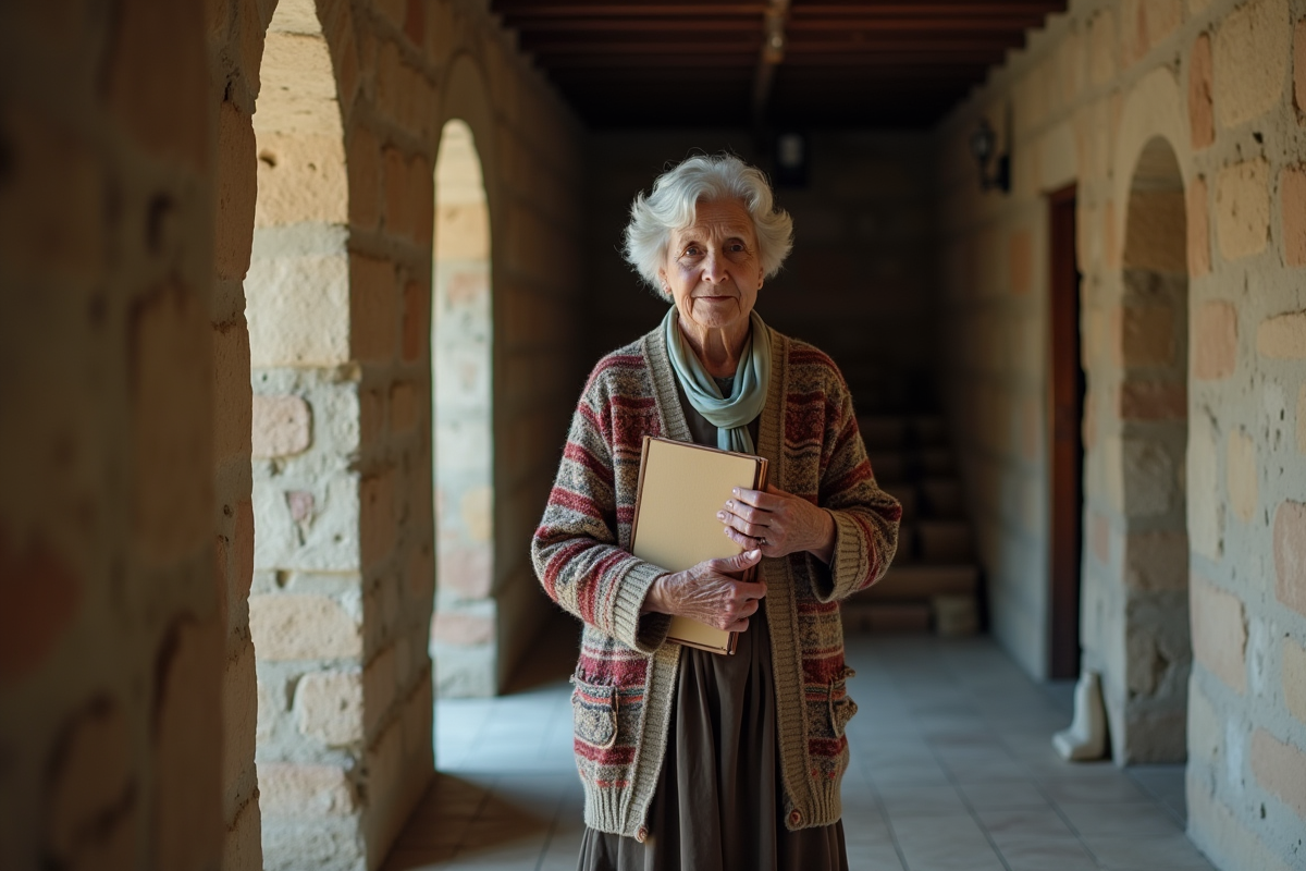 Femme âgée tenant un dossier ancien dans un hall en pierre