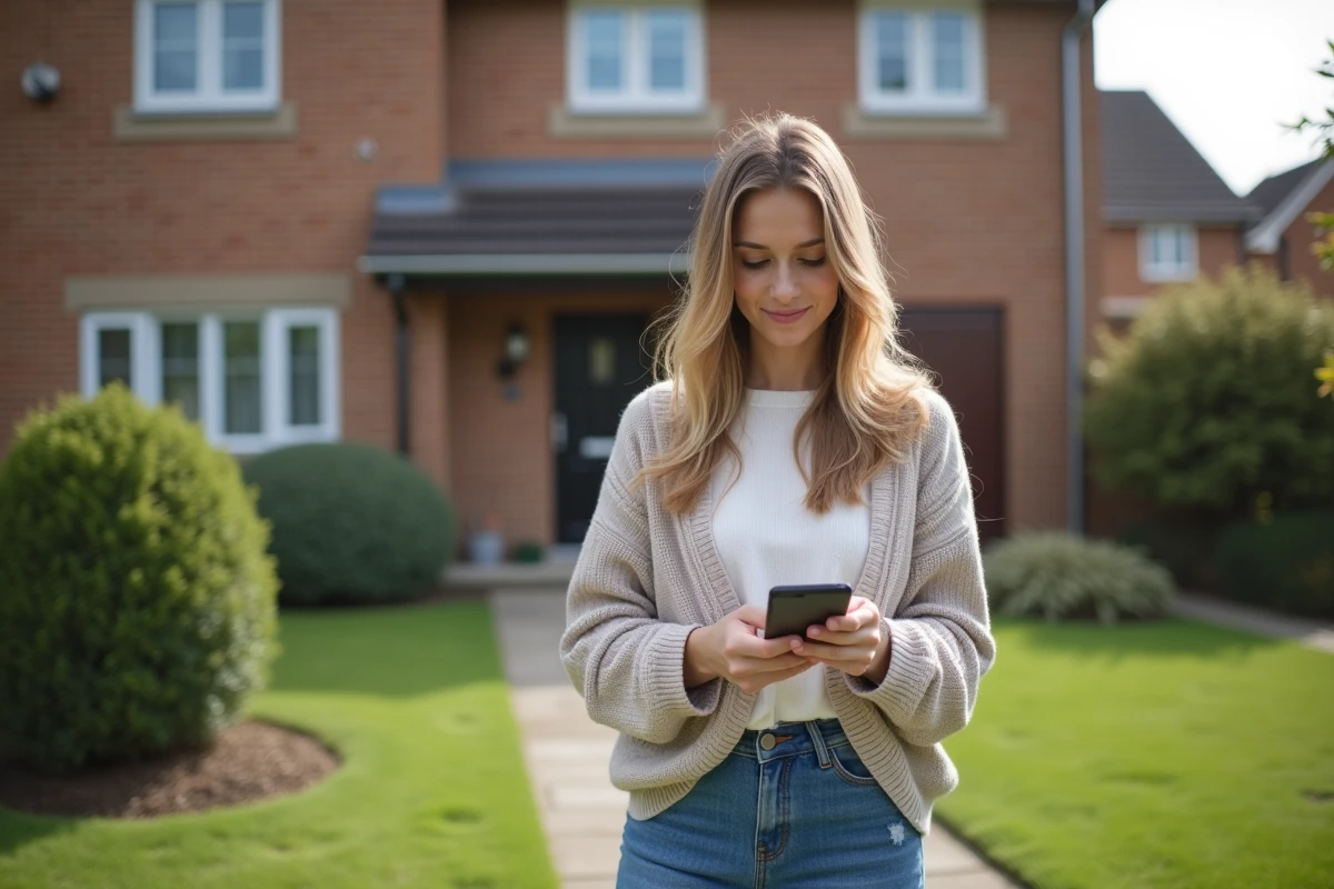 Jeune femme regardant la maison dans la cour avec son téléphone