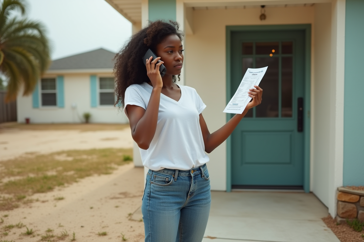Jeune femme noire dehors parlant au téléphone avec facture d