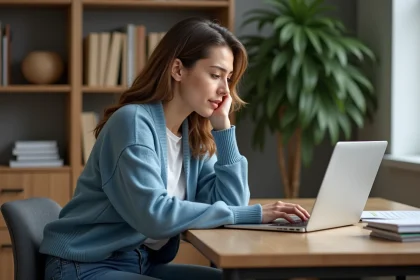 Jeune femme remplissant un formulaire en ligne à son bureau