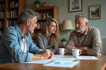 Trois frères et sœurs autour d'une table avec documents et tasses