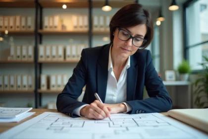 Gestionnaire immobilière consultant le registre des copropriétés dans une agence moderne