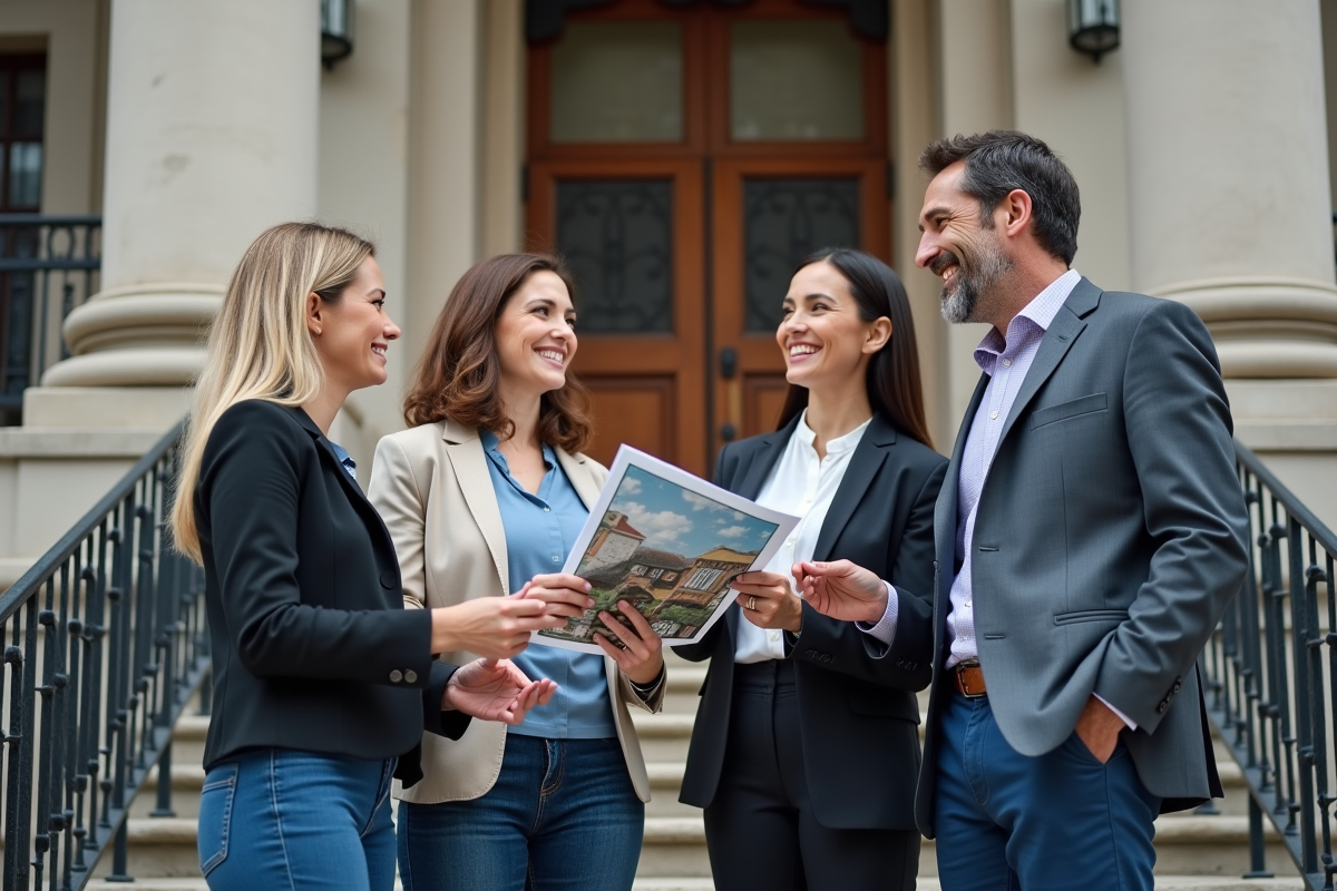 Groupe de personnes devant un ancien tribunal pour l immobilier