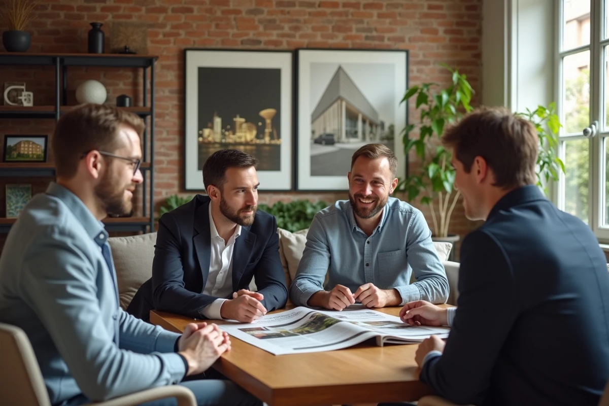 Groupe d investisseurs discutant dans un salon urbain lumineux