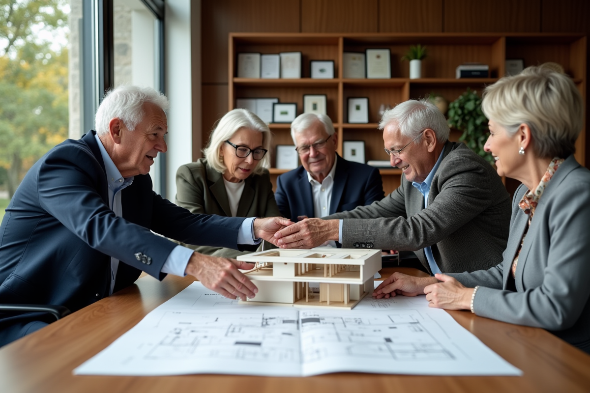 Groupe de seniors autour d'un modèle architectural en réunion