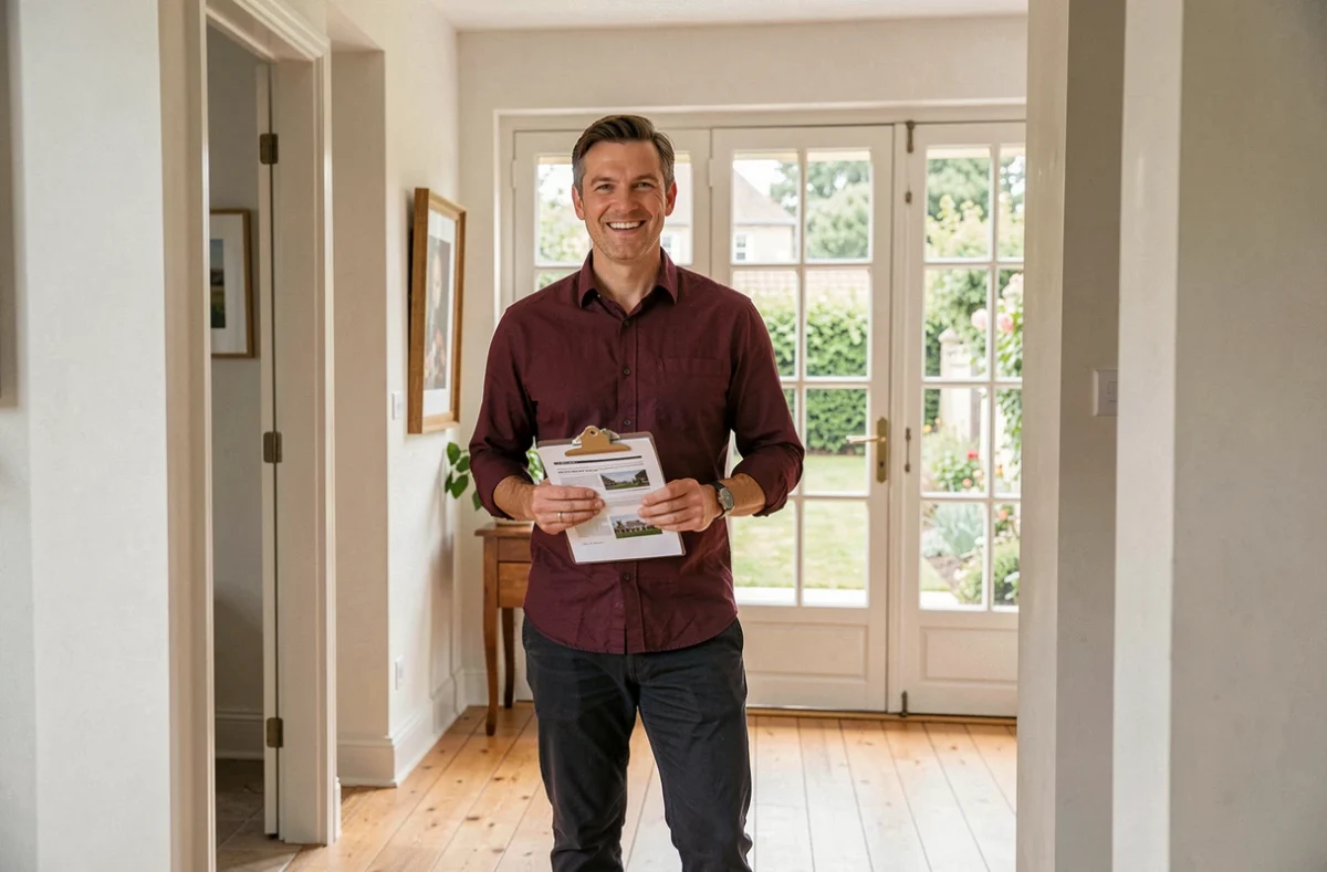 Agent Guy Hoquet Immobilier Gironde dans le hall d'entrée d'une villa girondine avec parquet en bois et vue sur jardin
