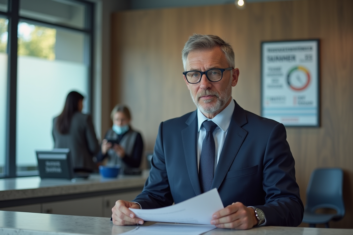 Homme d'âge moyen en costume navy parlant à un guichet municipal