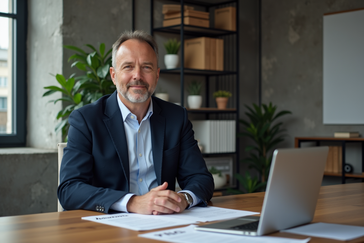 Homme d'affaires souriant avec blazer navy et papiers assurance PNO