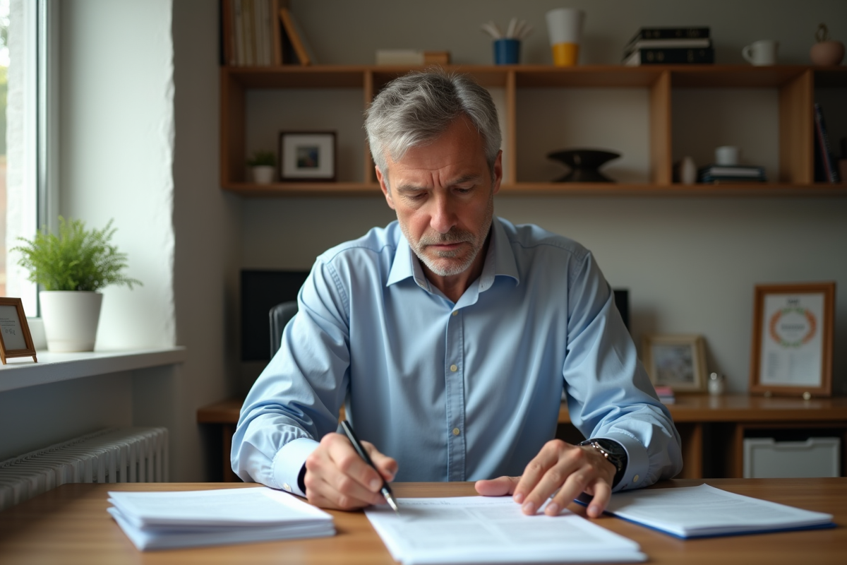 Homme d'affaires vérifiant documents de taxe foncière