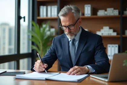 Homme d'affaires en costume bleu étudiant des documents