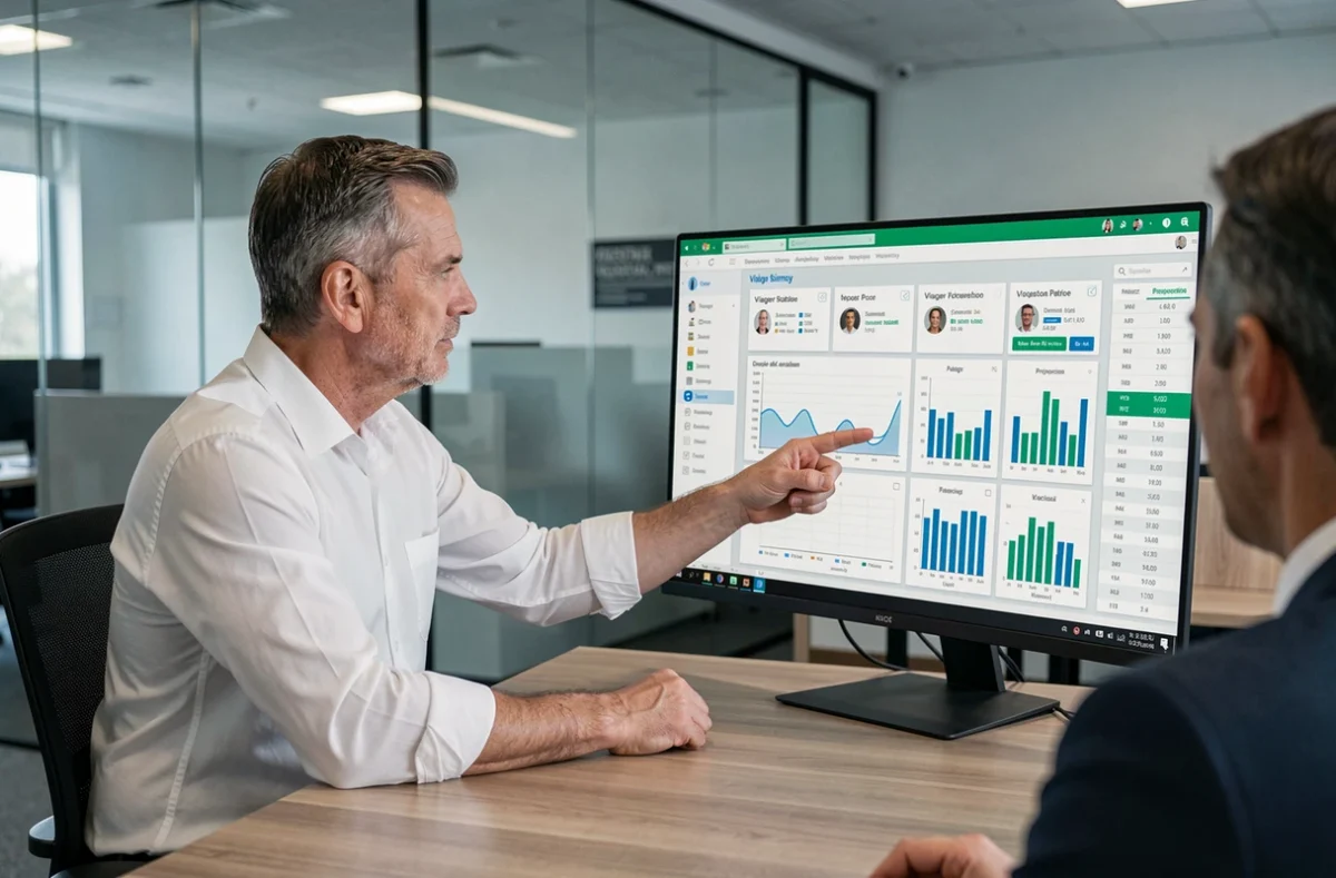 Homme d'âge mûr analysant un simulateur viager Excel dans une agence immobilière moderne