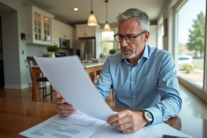 Homme d'âge moyen analysant des documents immobiliers à la maison