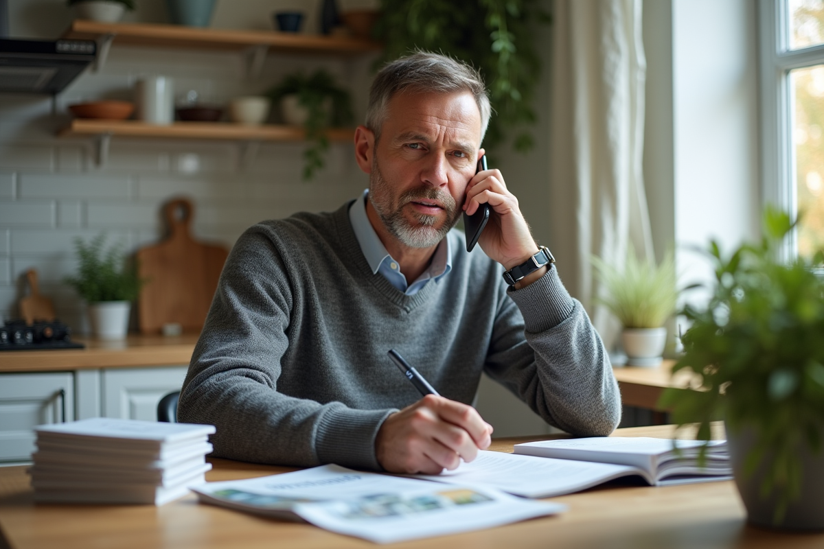 Homme en jeans parlant au téléphone dans une cuisine résidentielle