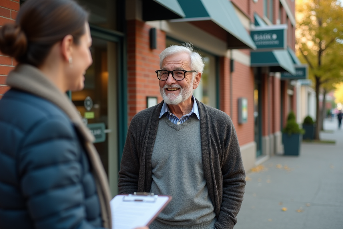 Homme d age parlant avec un conseiller bancaire devant une banque en plein air