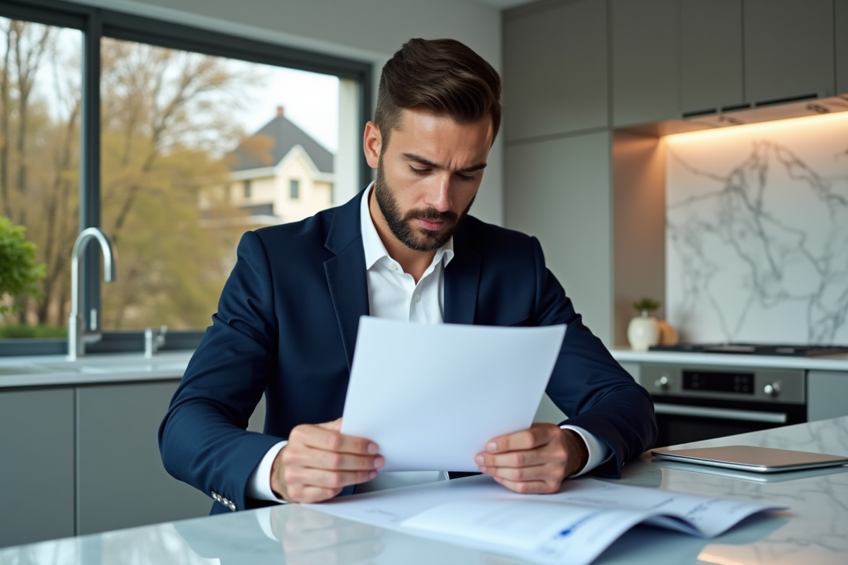 Homme en costume bleu examine des documents de prêt immobilier